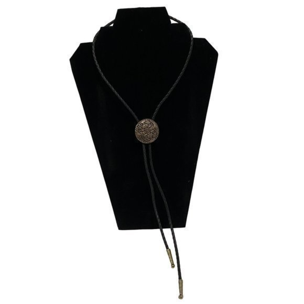 Vintage Bolo Tie Gold‎ Tone Medallion Black Leather Cord